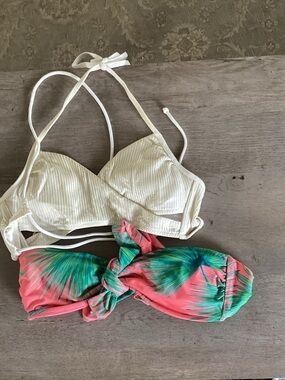 Victoria's Secret White Ribbed Halter and Coral Palm Print Bandeau